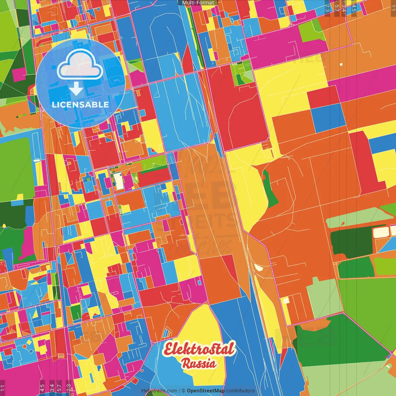 Elektrostal, Moscow Oblast, Russia Crazy Colorful Street Map Poster Template