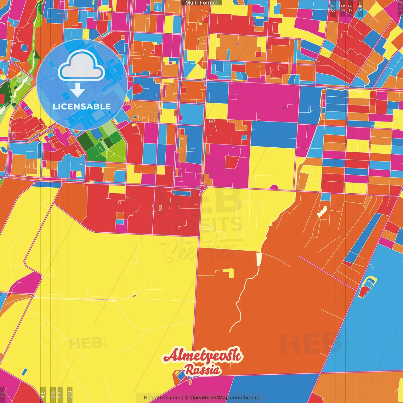 Almetyevsk, Republic of Tatarstan, Russia Crazy Colorful Street Map Poster Template