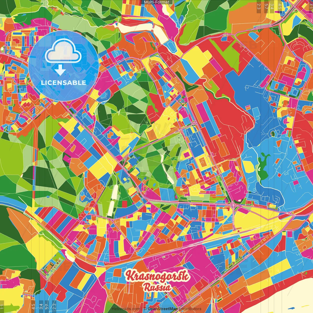 Krasnogorsk, Moscow Oblast, Russia Crazy Colorful Street Map Poster Template