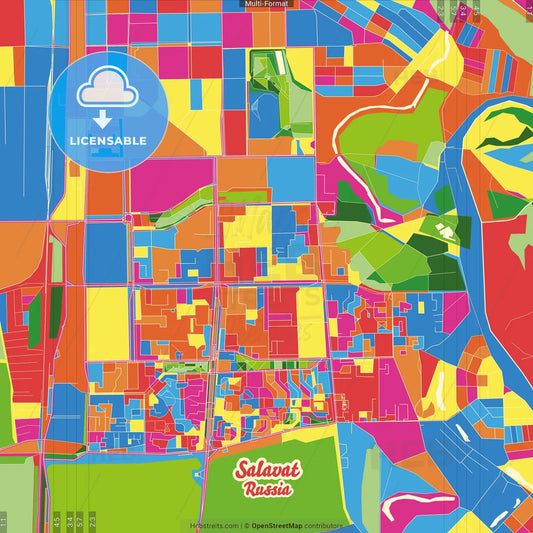 Salavat, Republic of Bashkortostan, Russia Crazy Colorful Street Map Poster Template