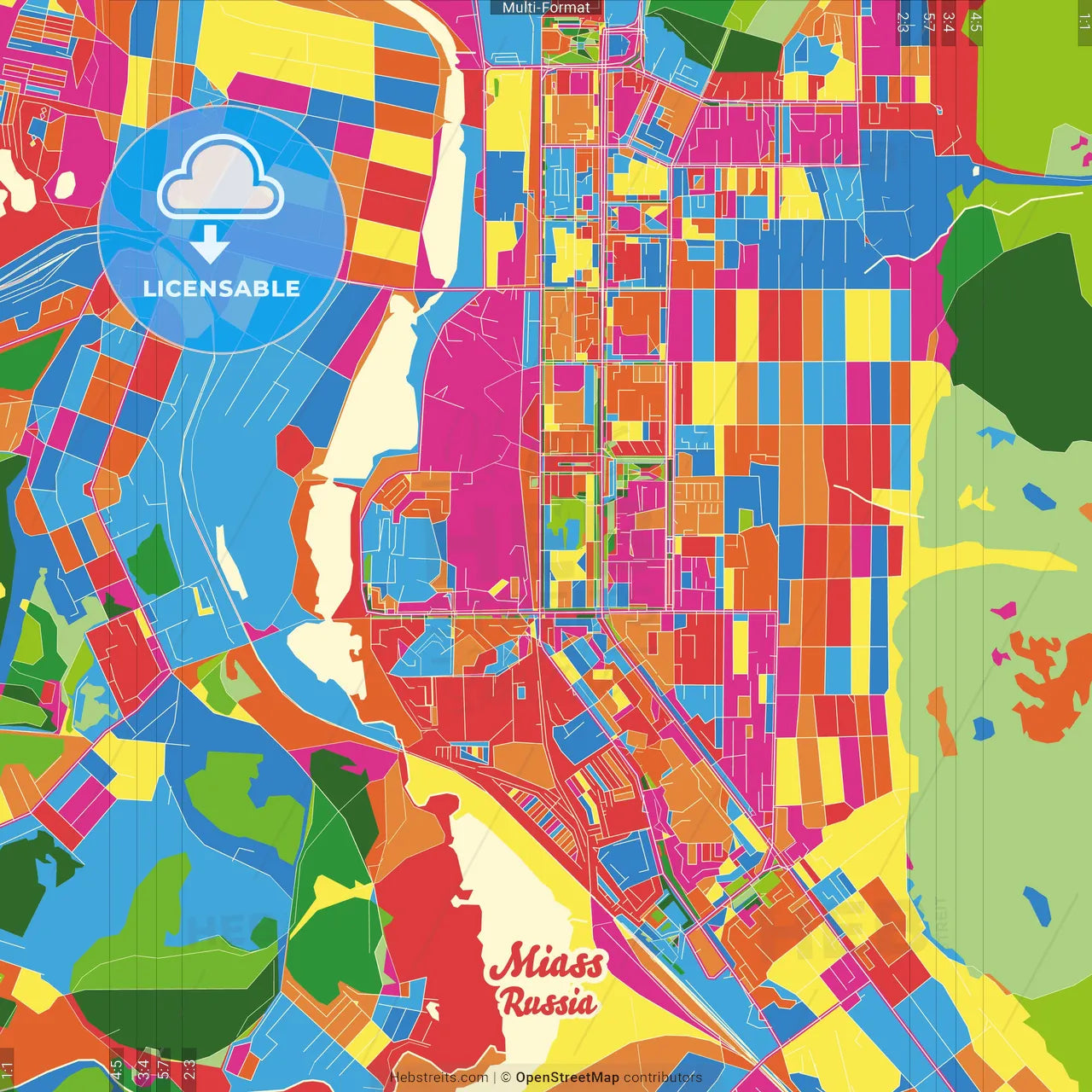Miass, Chelyabinsk Oblast, Russia Crazy Colorful Street Map Poster Template