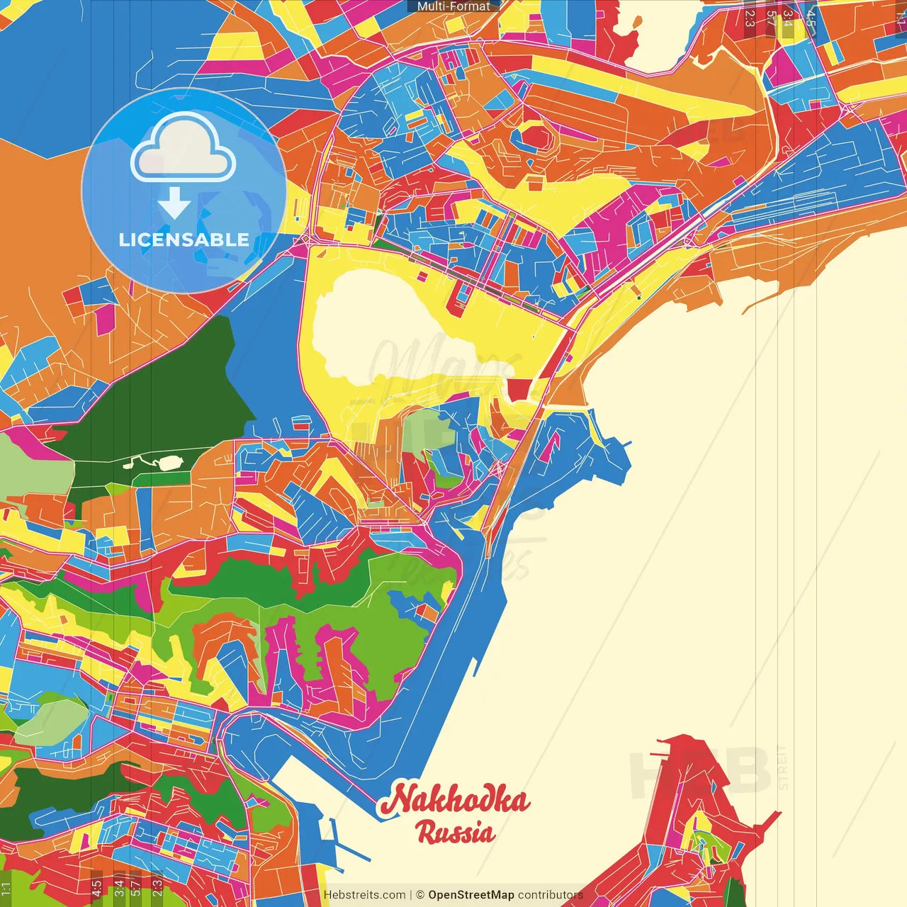 Nakhodka, Primorsky Krai, Russia Crazy Colorful Street Map Poster Template