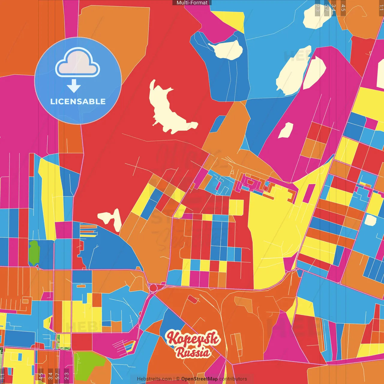 Kopeysk, Chelyabinsk Oblast, Russia Crazy Colorful Street Map Poster Template