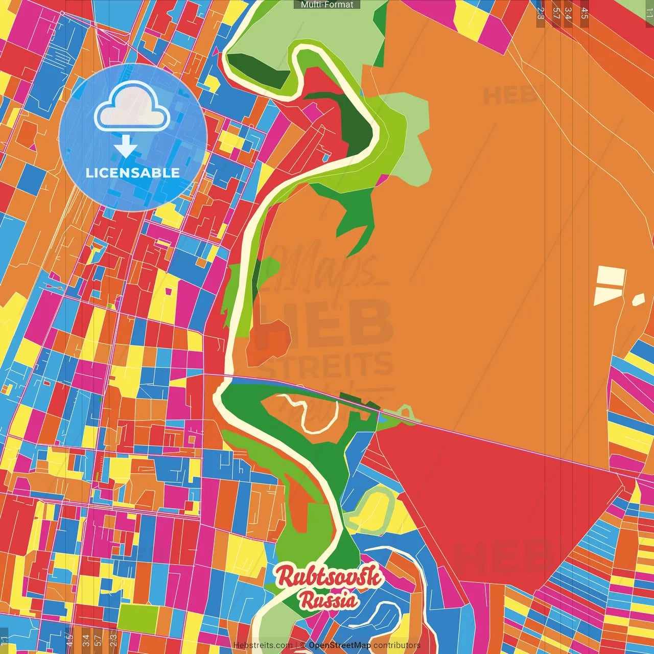 Rubtsovsk, Altai Krai, Russia Crazy Colorful Street Map Poster Template