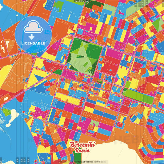 Berezniki, Perm Krai, Russia Crazy Colorful Street Map Poster Template