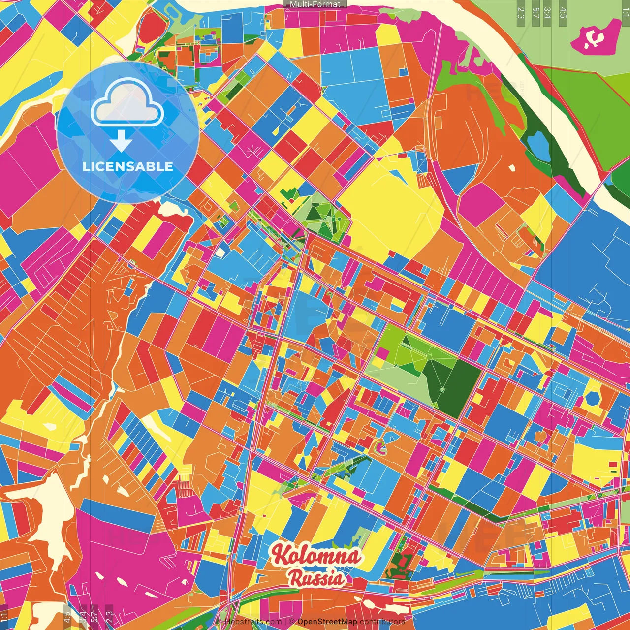Kolomna, Moscow Oblast, Russia Crazy Colorful Street Map Poster Template