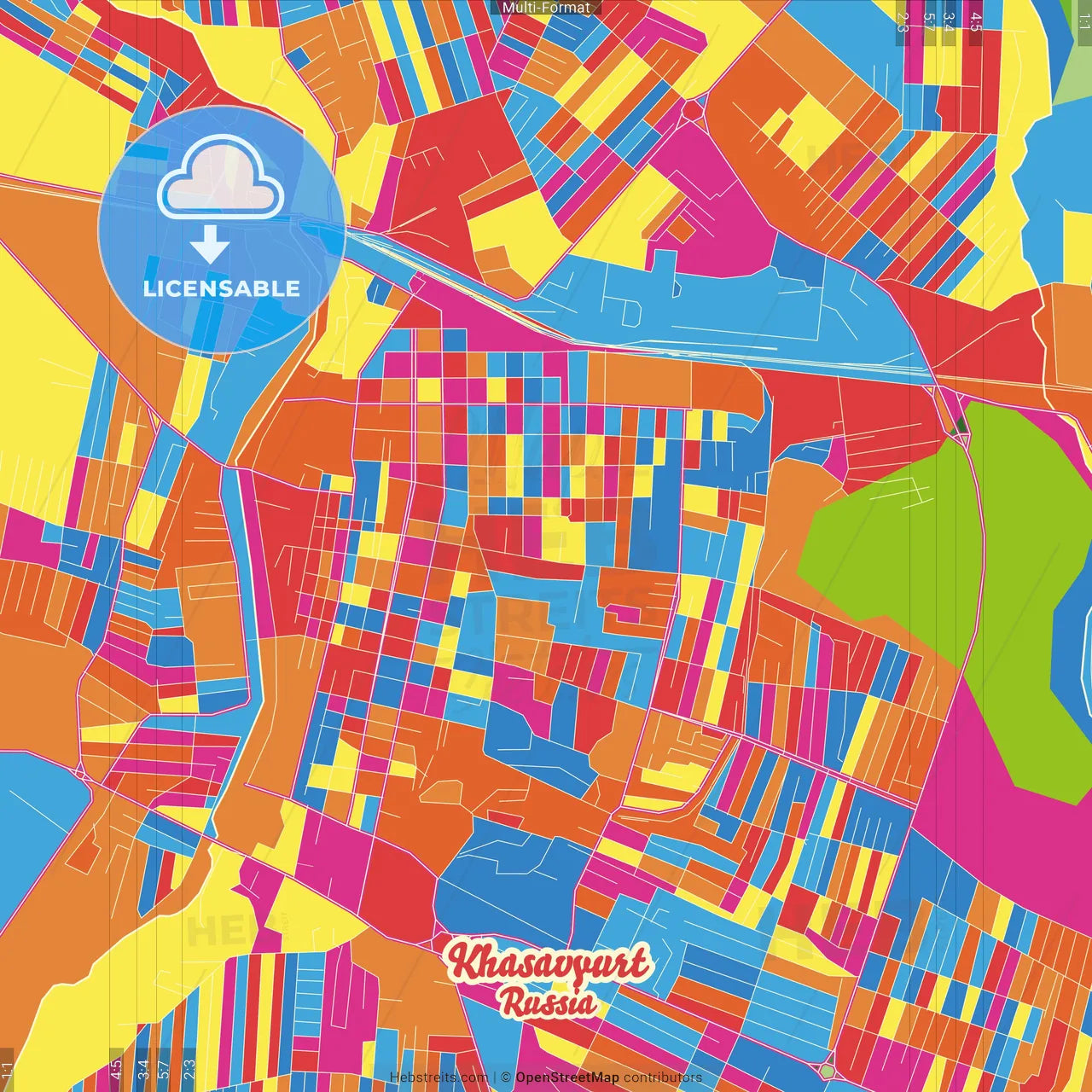 Khasavyurt, Republic of Dagestan, Russia Crazy Colorful Street Map Poster Template