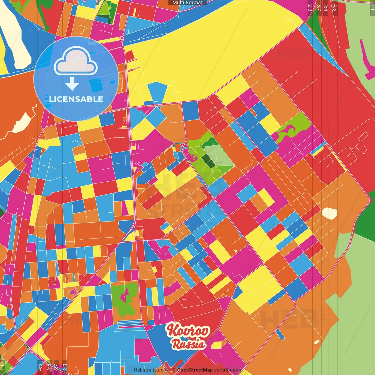 Kovrov, Vladimir Oblast, Russia Crazy Colorful Street Map Poster Template