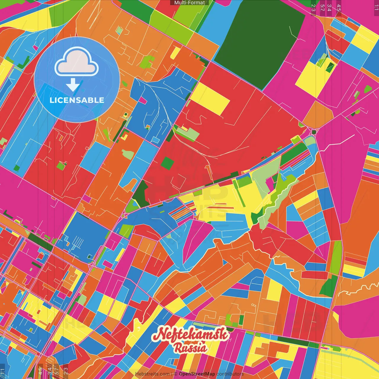 Neftekamsk, Republic of Bashkortostan, Russia Crazy Colorful Street Map Poster Template