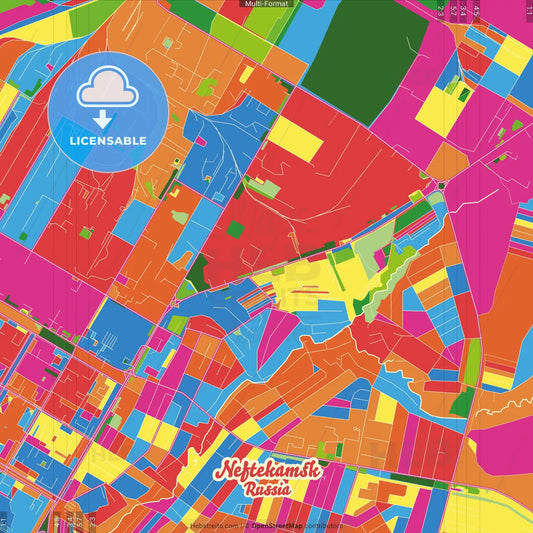 Neftekamsk, Republic of Bashkortostan, Russia Crazy Colorful Street Map Poster Template
