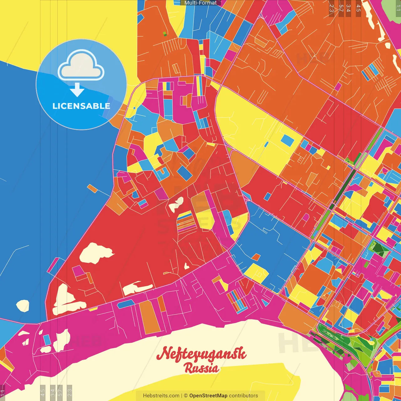 Nefteyugansk, Khanty-Mansi Autonomous Okrug-Yugra, Russia Crazy Colorful Street Map Poster Template