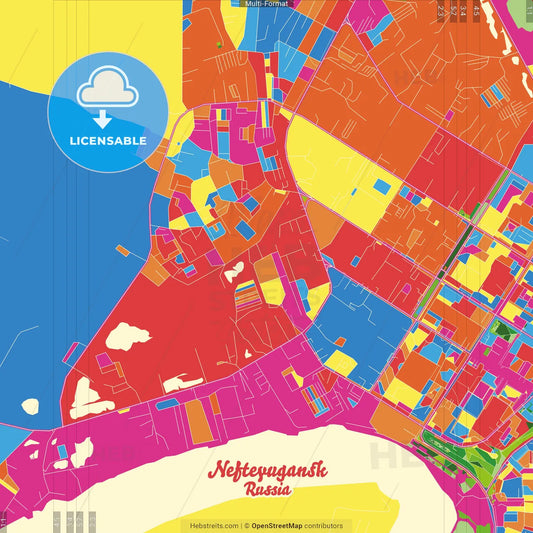 Nefteyugansk, Khanty-Mansi Autonomous Okrug-Yugra, Russia Crazy Colorful Street Map Poster Template