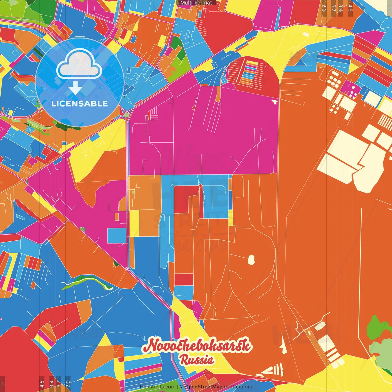 Novocheboksarsk, Chuvash Republic, Russia Crazy Colorful Street Map Poster Template