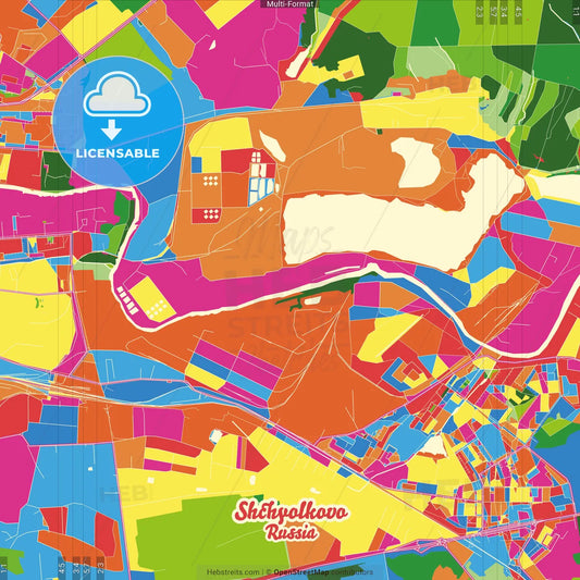 Shchyolkovo, Moscow Oblast, Russia Crazy Colorful Street Map Poster Template