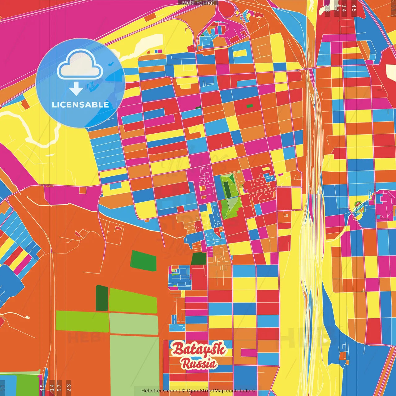 Bataysk, Rostov Oblast, Russia Crazy Colorful Street Map Poster Template