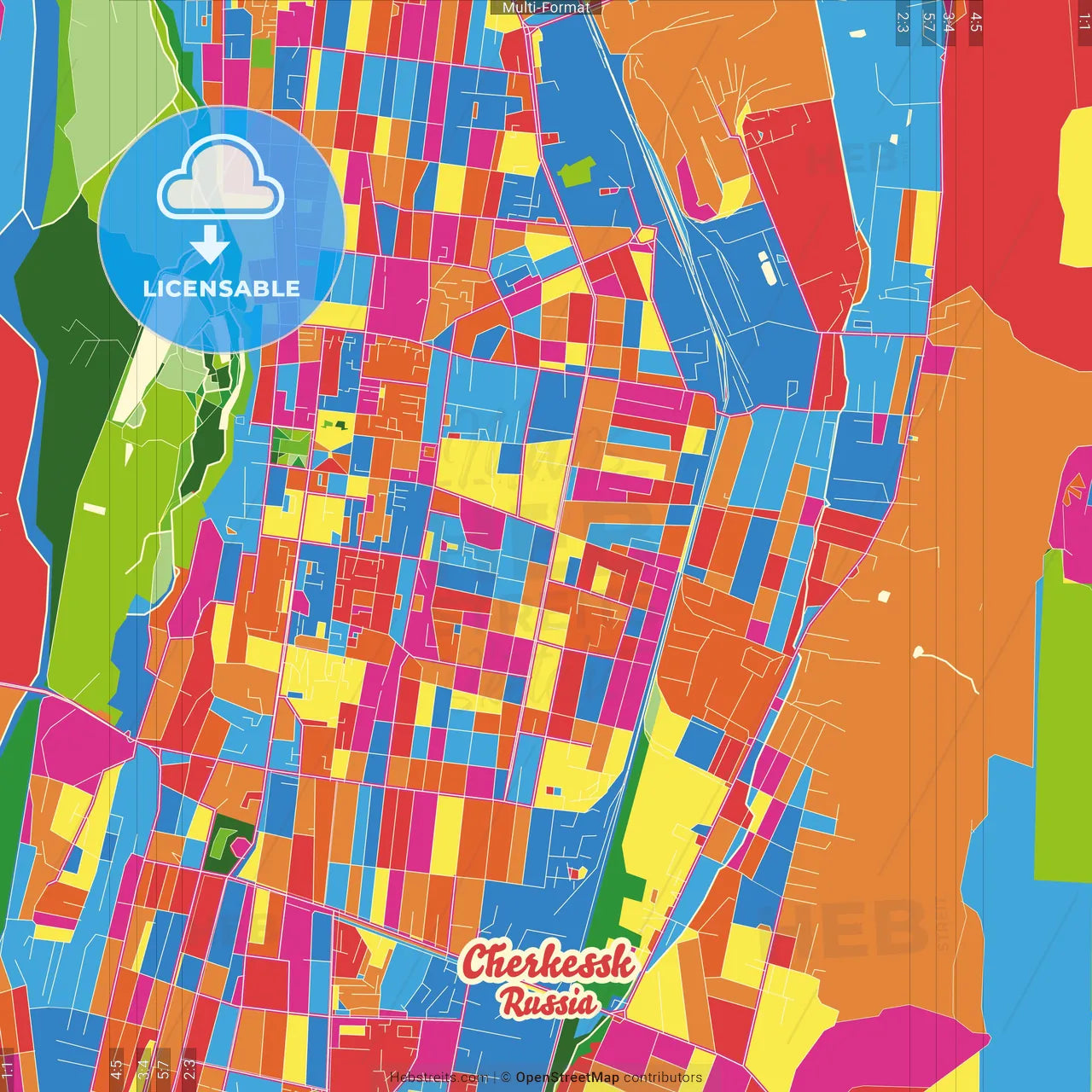 Cherkessk, Karachay-Cherkess Republic, Russia Crazy Colorful Street Map Poster Template