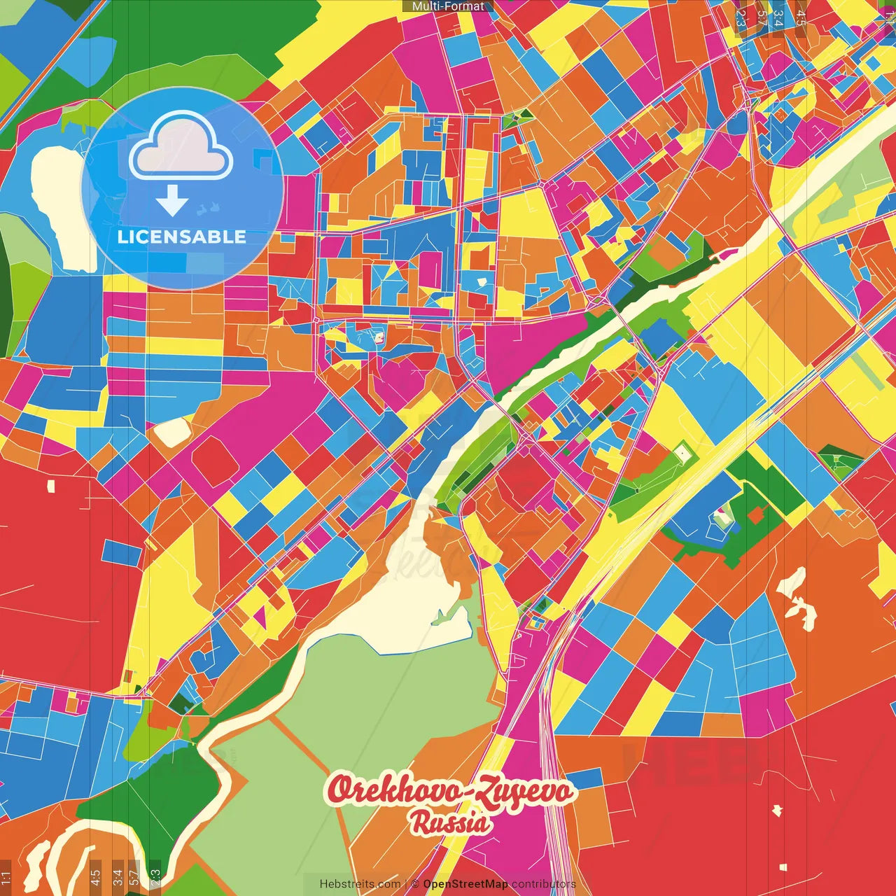 Orekhovo-Zuyevo, Moscow Oblast, Russia Crazy Colorful Street Map Poster Template