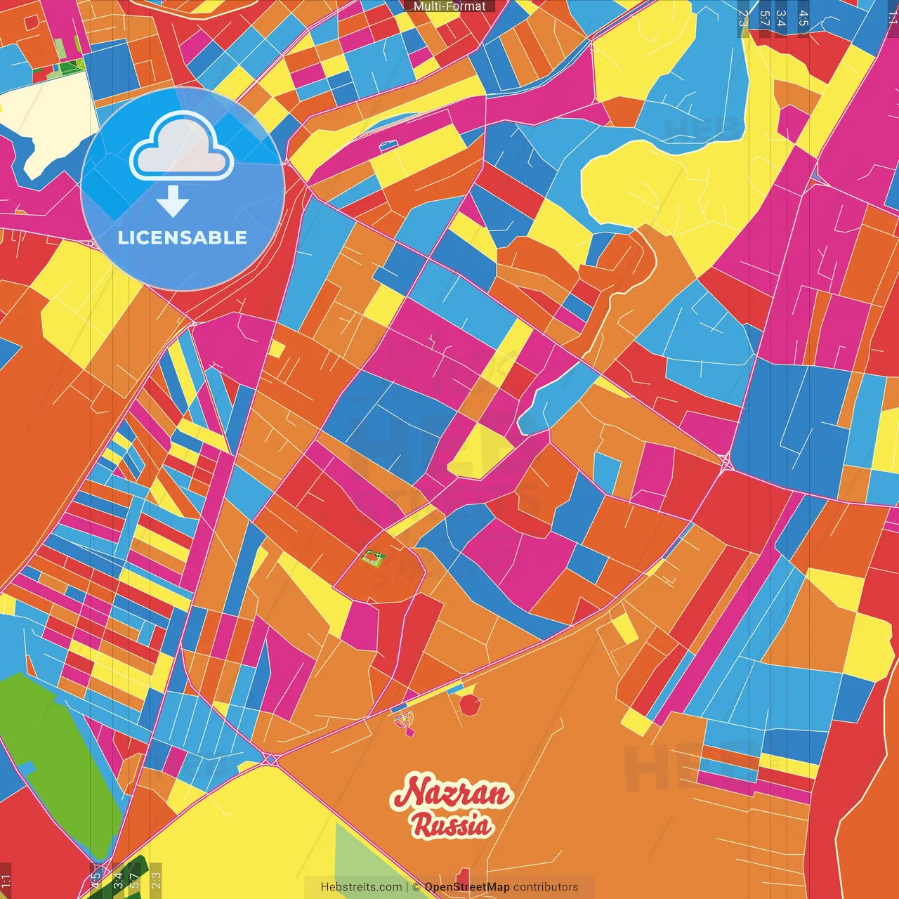 Nazran, Republic of Ingushetia, Russia Crazy Colorful Street Map Poster Template
