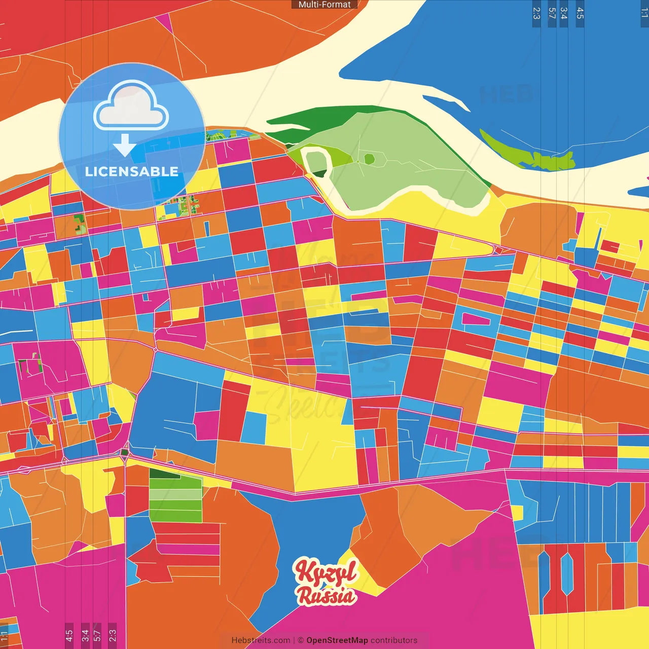 Kyzyl, Tuva Republic, Russia Crazy Colorful Street Map Poster Template