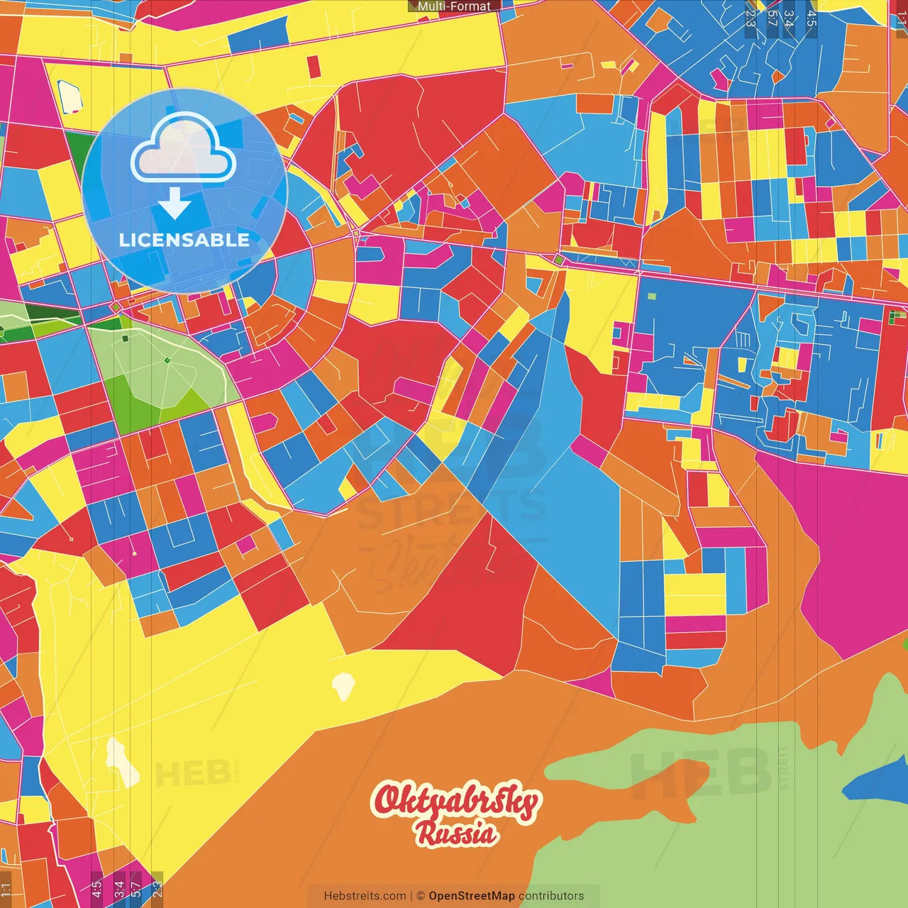 Oktyabrsky, Republic of Bashkortostan, Russia Crazy Colorful Street Map Poster Template