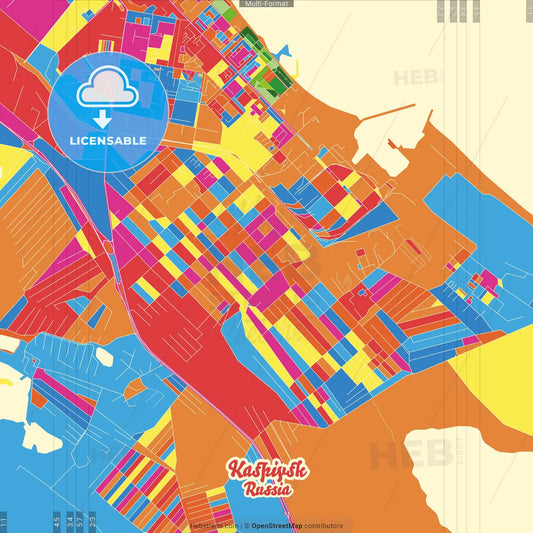 Kaspiysk, Republic of Dagestan, Russia Crazy Colorful Street Map Poster Template