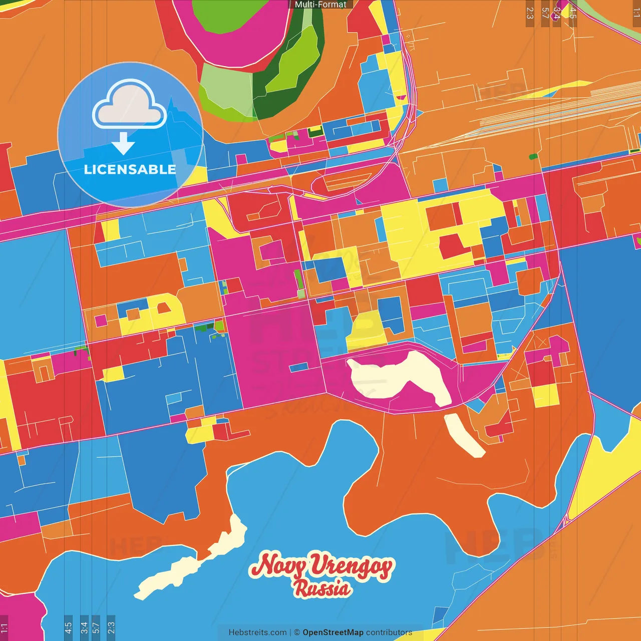 Novy Urengoy, Yamalo-Nenets Autonomous Okrug, Russia Crazy Colorful Street Map Poster Template
