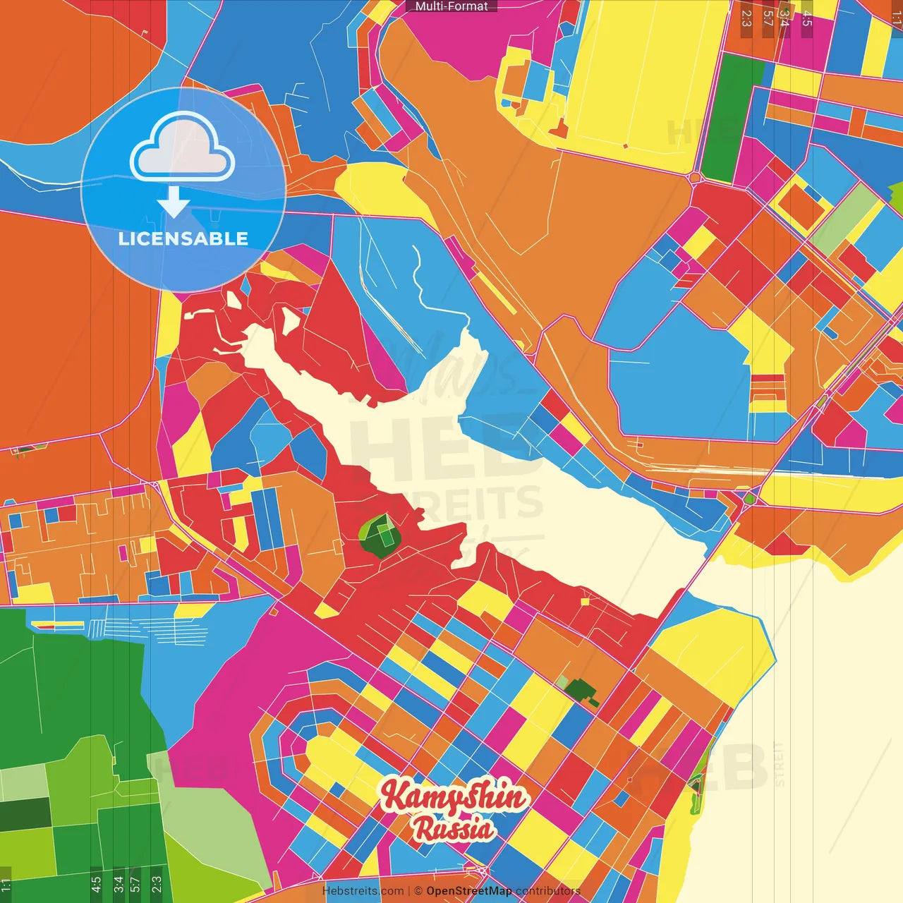 Kamyshin, Volgograd Oblast, Russia Crazy Colorful Street Map Poster Template