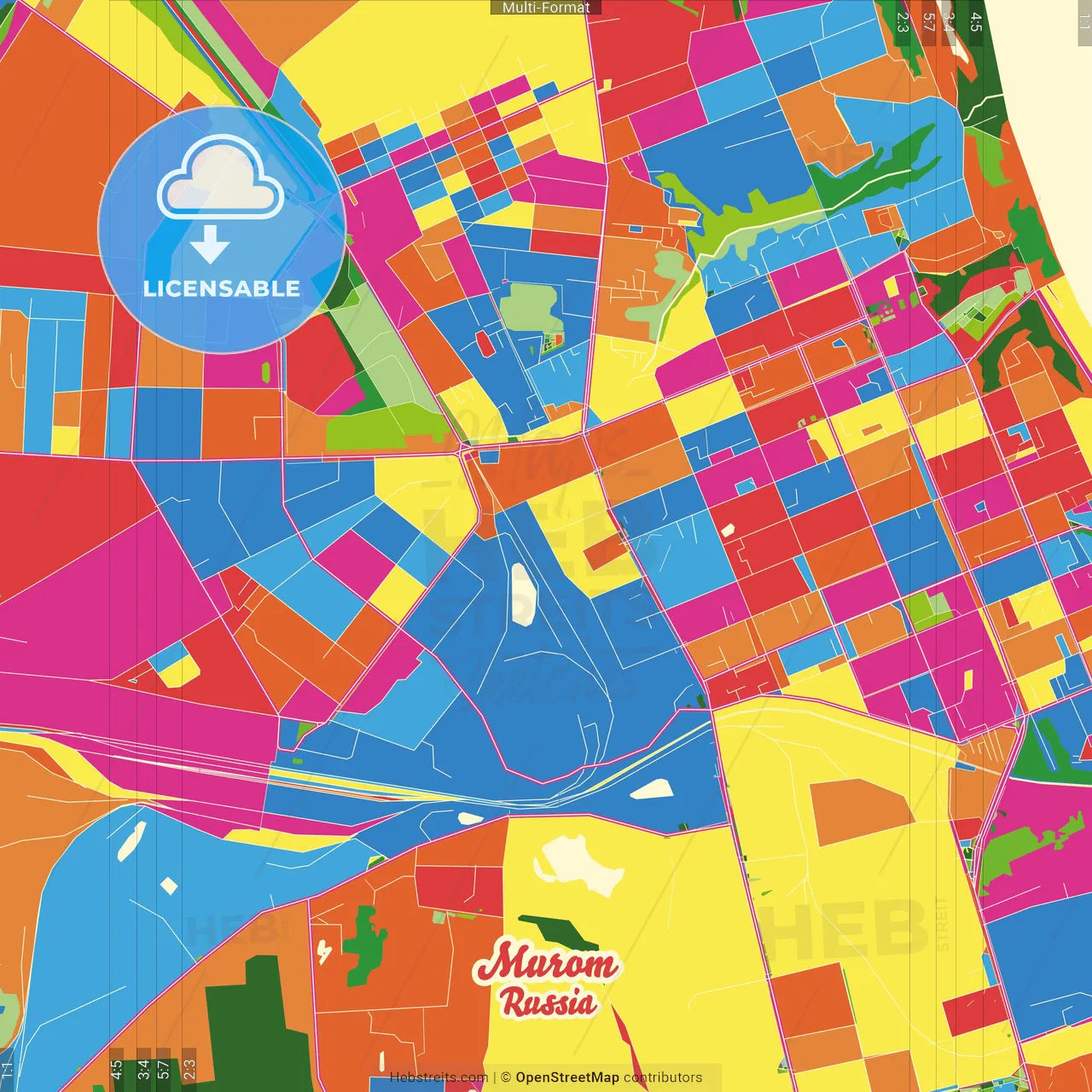 Murom, Vladimir Oblast, Russia Crazy Colorful Street Map Poster Template