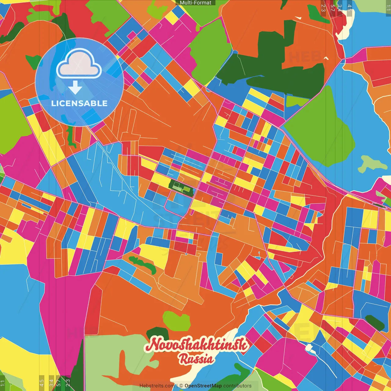 Novoshakhtinsk, Rostov Oblast, Russia Crazy Colorful Street Map Poster Template