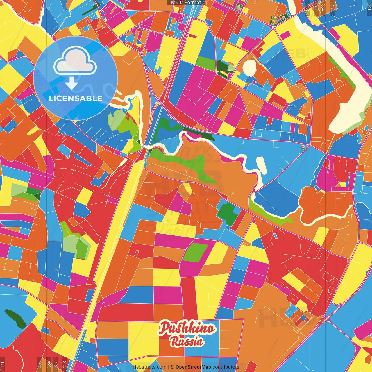 Pushkino, Moscow Oblast, Russia Crazy Colorful Street Map Poster Template