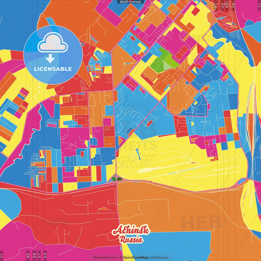 Achinsk, Krasnoyarsk Krai, Russia Crazy Colorful Street Map Poster Template