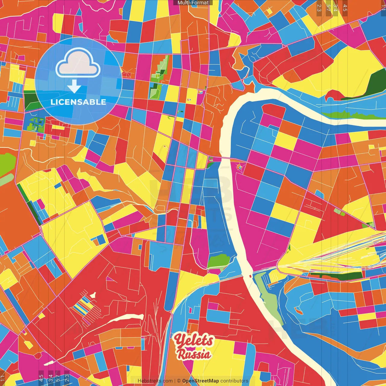 Yelets, Lipetsk Oblast, Russia Crazy Colorful Street Map Poster Template