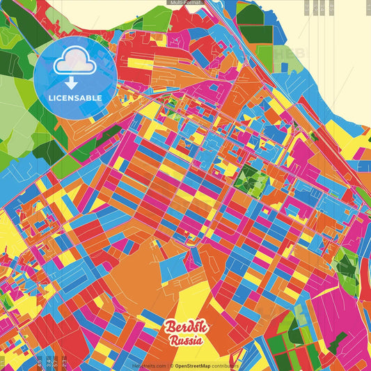 Berdsk, Novosibirsk Oblast, Russia Crazy Colorful Street Map Poster Template