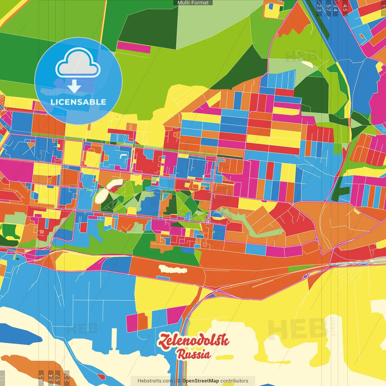 Zelenodolsk, Republic of Tatarstan, Russia Crazy Colorful Street Map Poster Template