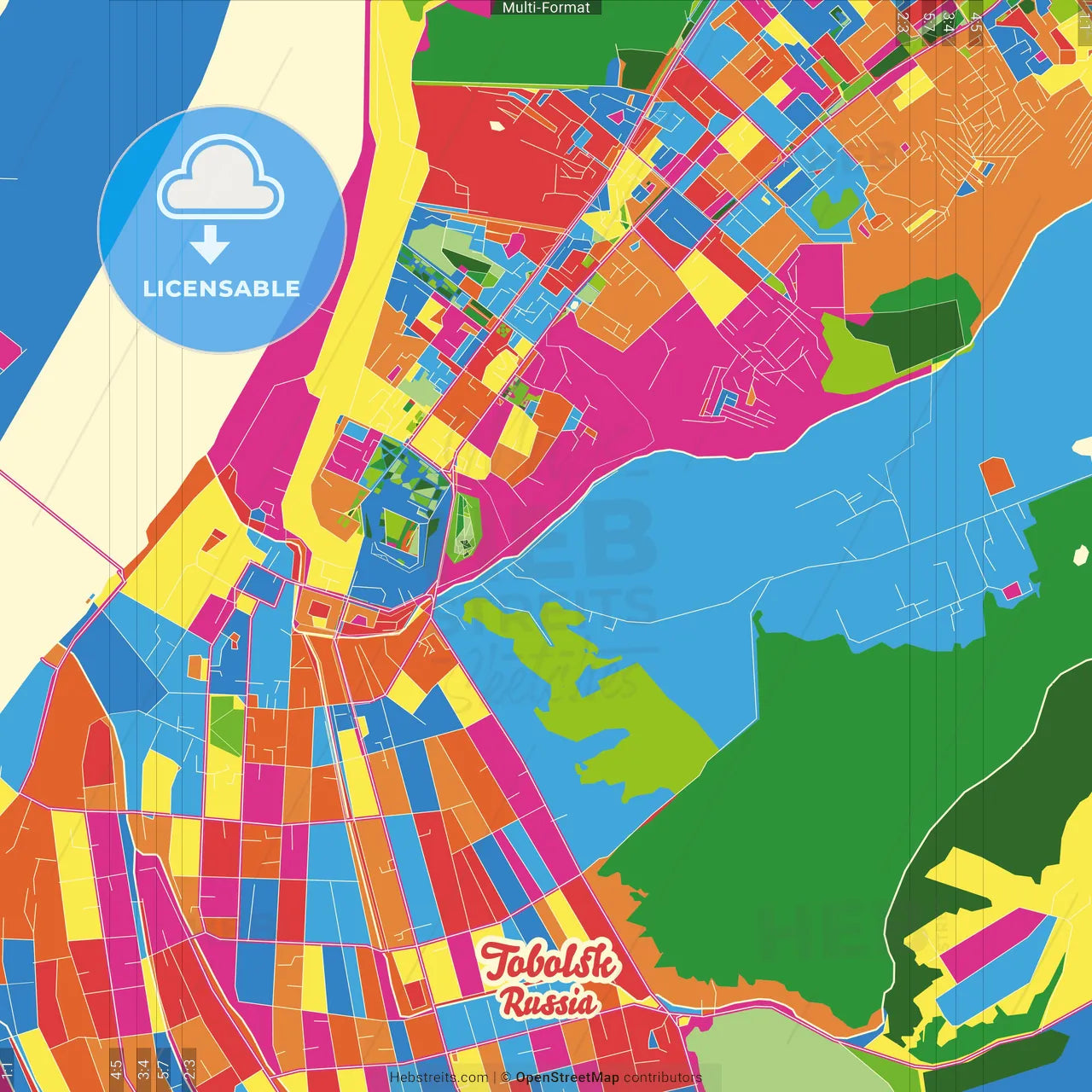Tobolsk, Tyumen Oblast, Russia Crazy Colorful Street Map Poster Template