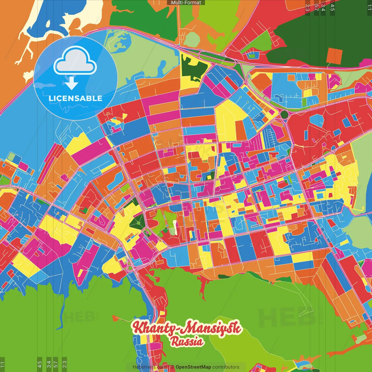 Khanty-Mansiysk, Khanty-Mansi Autonomous Okrug-Yugra, Russia Crazy Colorful Street Map Poster Template