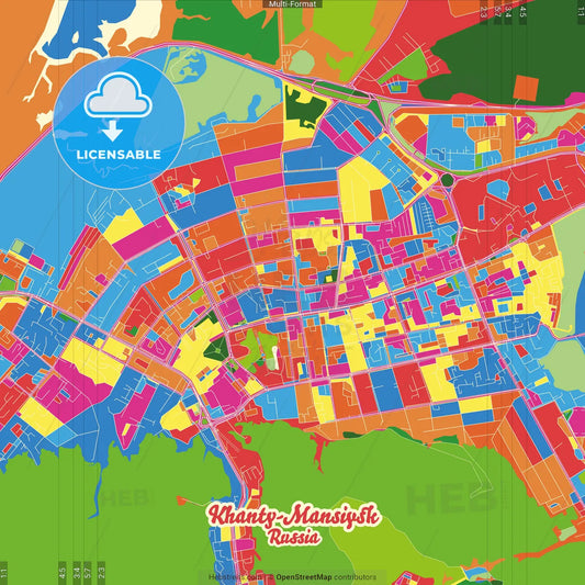 Khanty-Mansiysk, Khanty-Mansi Autonomous Okrug-Yugra, Russia Crazy Colorful Street Map Poster Template