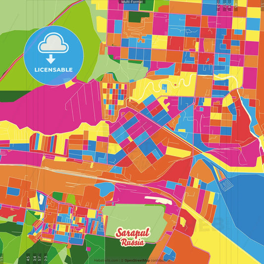 Sarapul, Udmurt Republic, Russia Crazy Colorful Street Map Poster Template