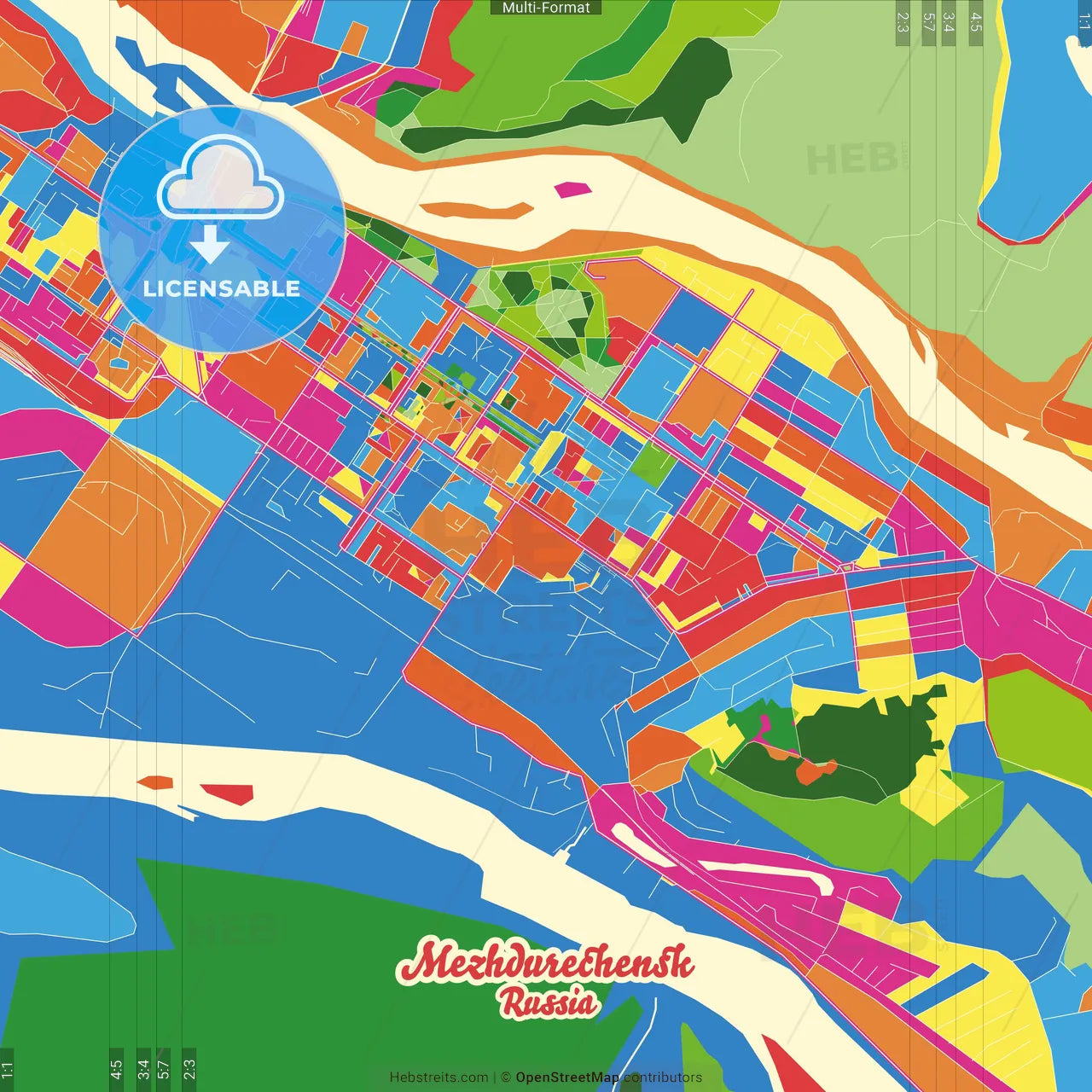 Mezhdurechensk, Kemerovo Oblast, Russia Crazy Colorful Street Map Poster Template
