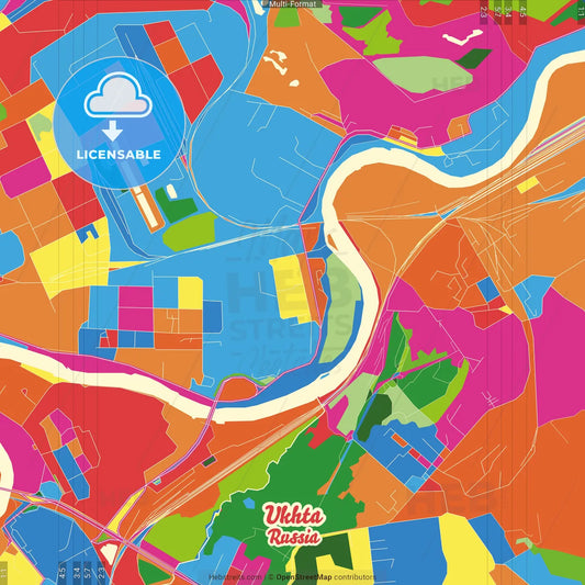 Ukhta, Komi Republic, Russia Crazy Colorful Street Map Poster Template