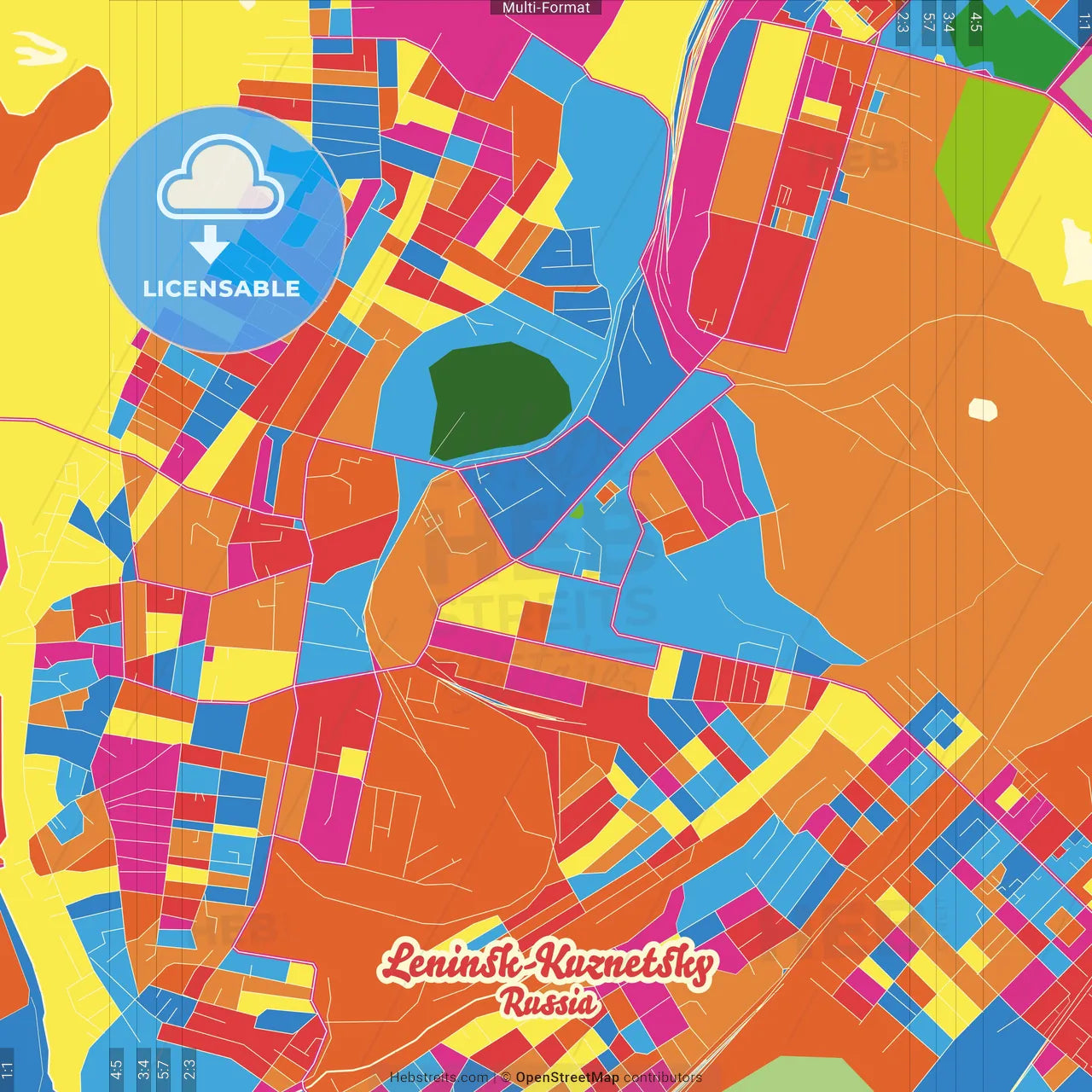 Leninsk-Kuznetsky, Kemerovo Oblast, Russia Crazy Colorful Street Map Poster Template