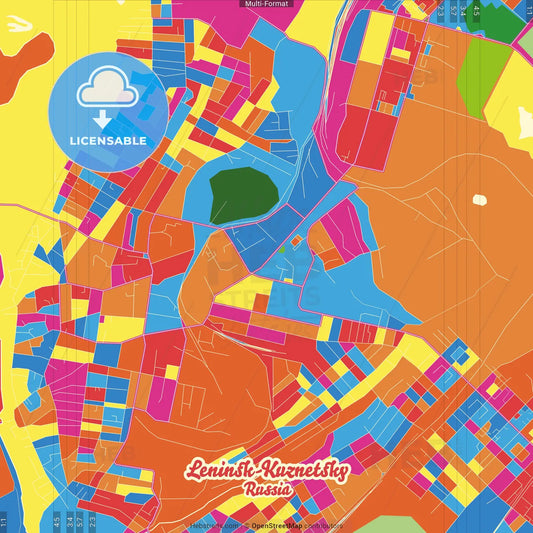 Leninsk-Kuznetsky, Kemerovo Oblast, Russia Crazy Colorful Street Map Poster Template