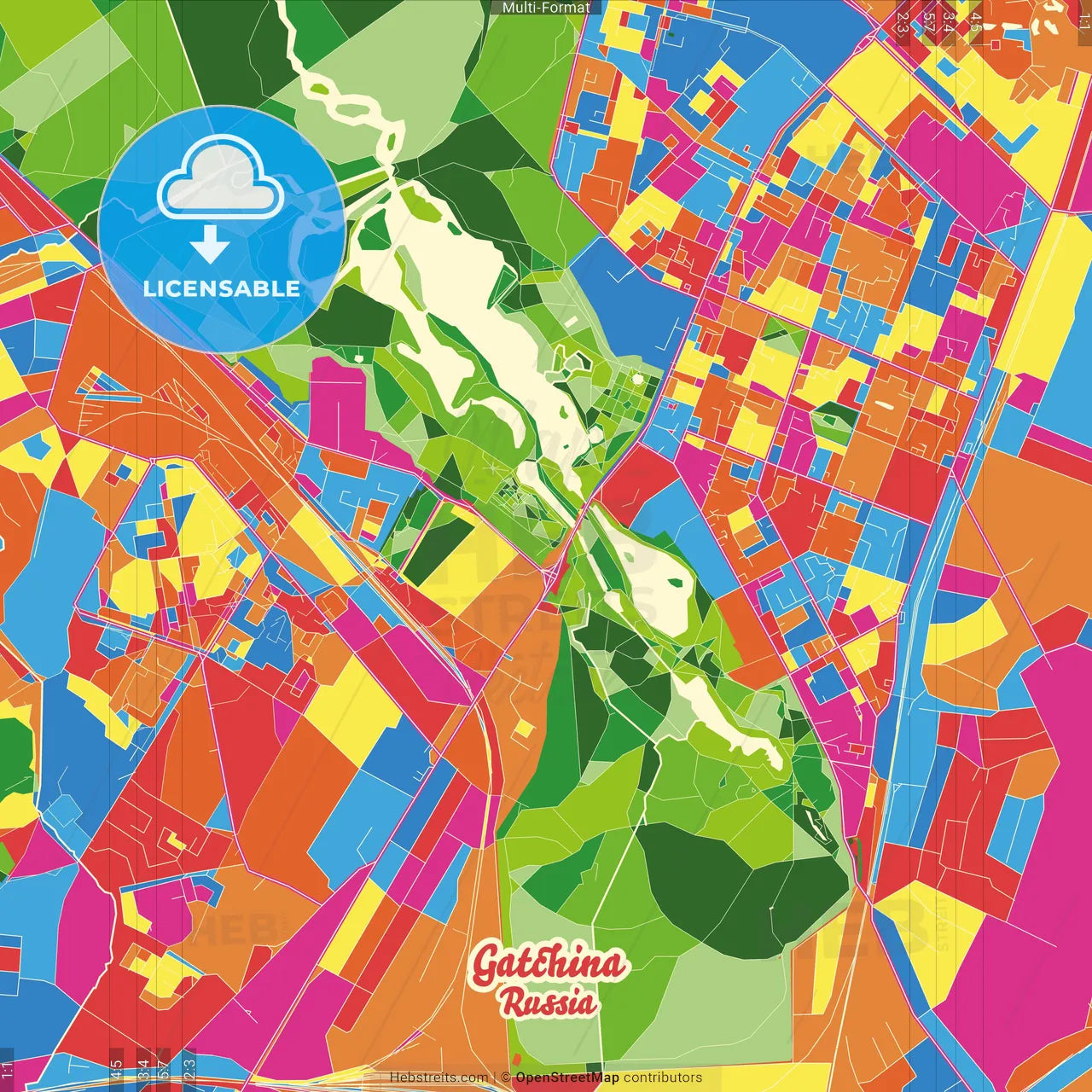Gatchina, Leningrad Oblast, Russia Crazy Colorful Street Map Poster Template