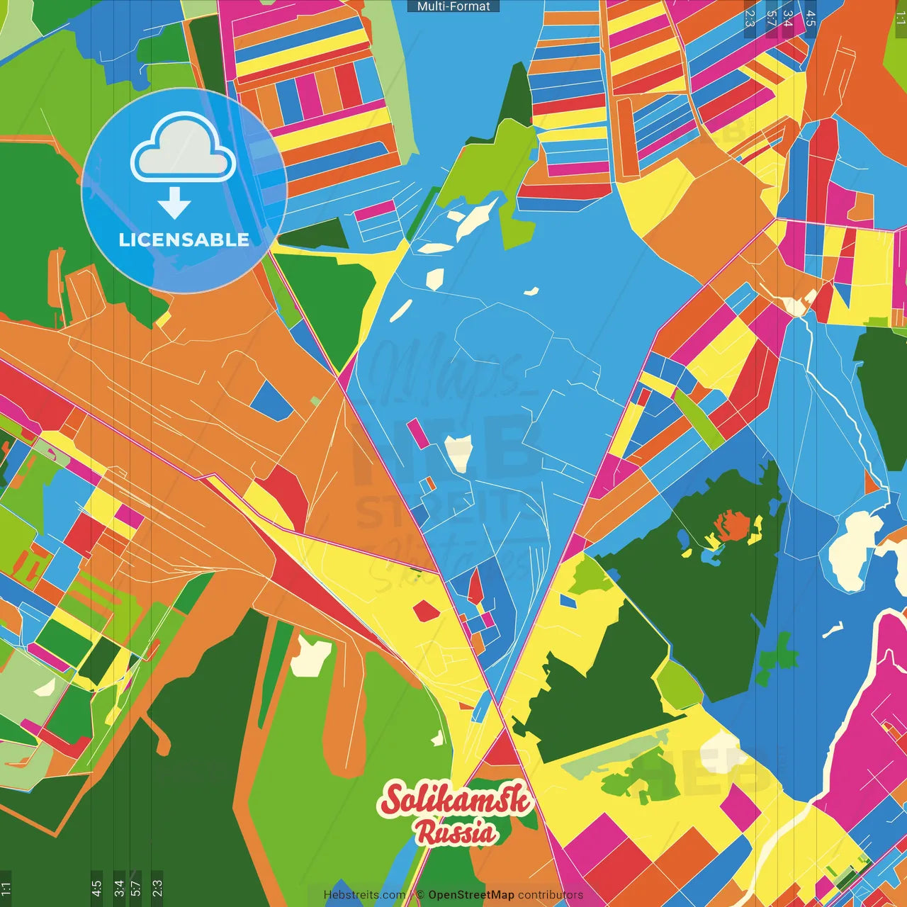 Solikamsk, Perm Krai, Russia Crazy Colorful Street Map Poster Template