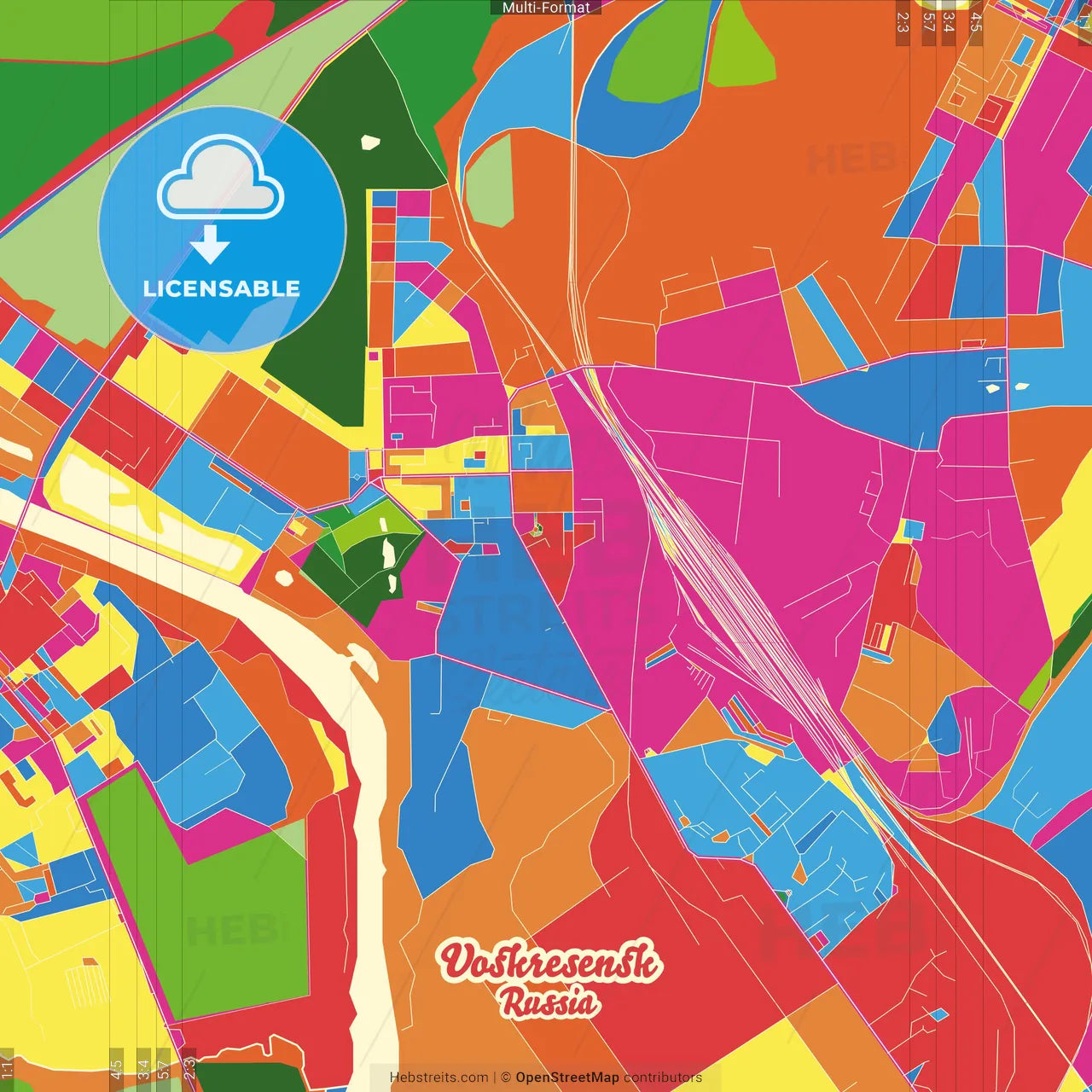 Voskresensk, Moscow Oblast, Russia Crazy Colorful Street Map Poster Template