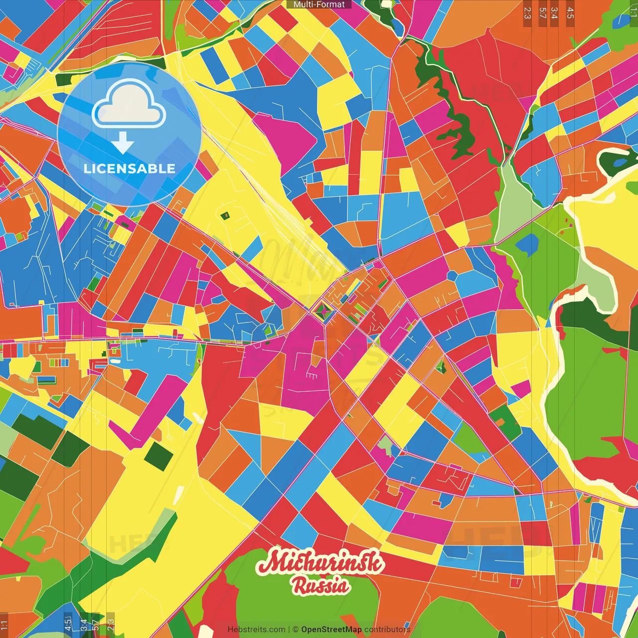 Michurinsk, Tambov Oblast, Russia Crazy Colorful Street Map Poster Template