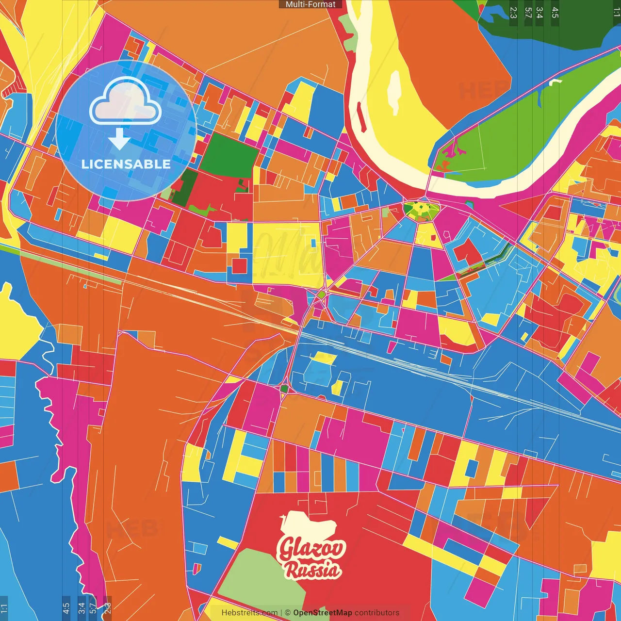 Glazov, Udmurt Republic, Russia Crazy Colorful Street Map Poster Template