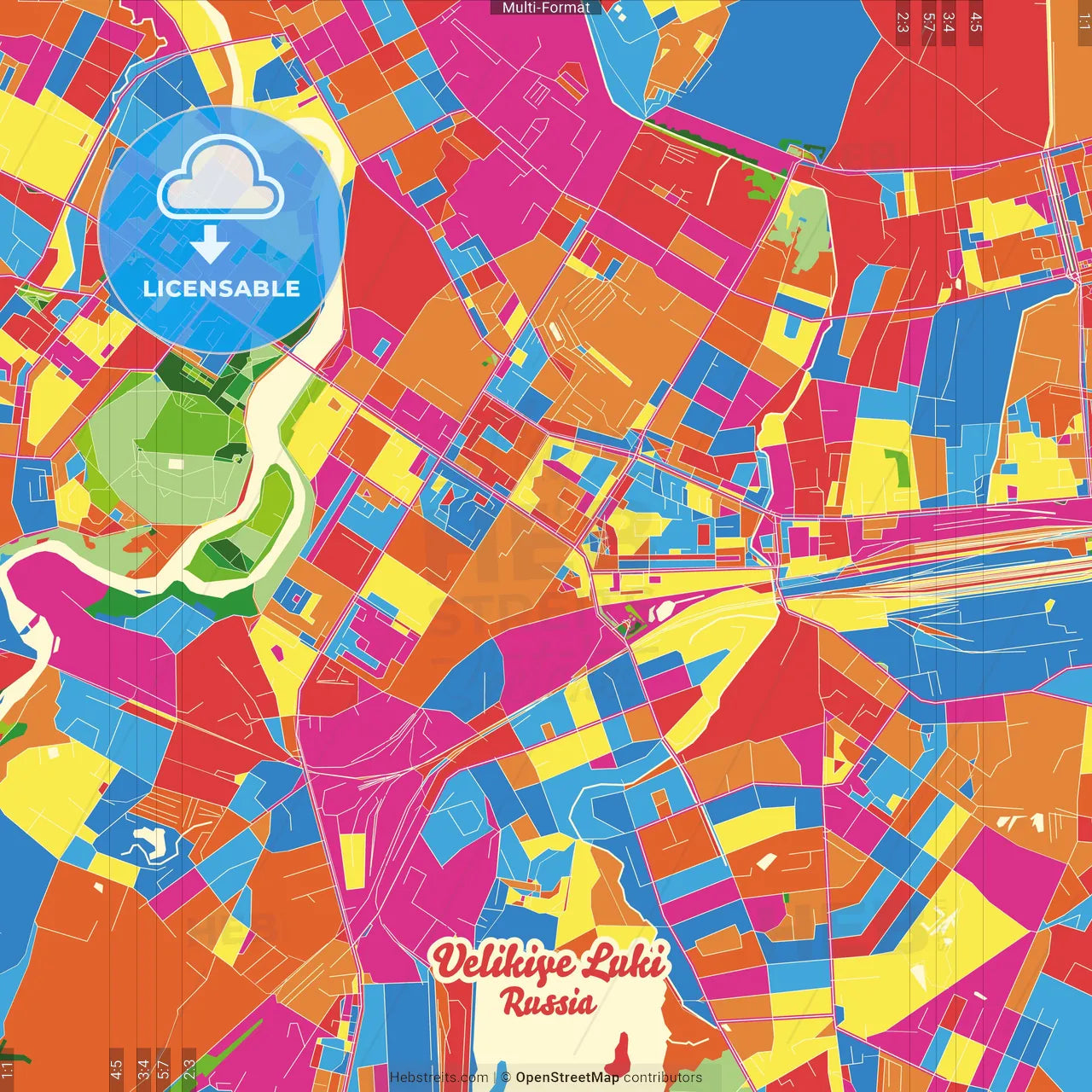 Velikiye Luki, Pskov Oblast, Russia Crazy Colorful Street Map Poster Template