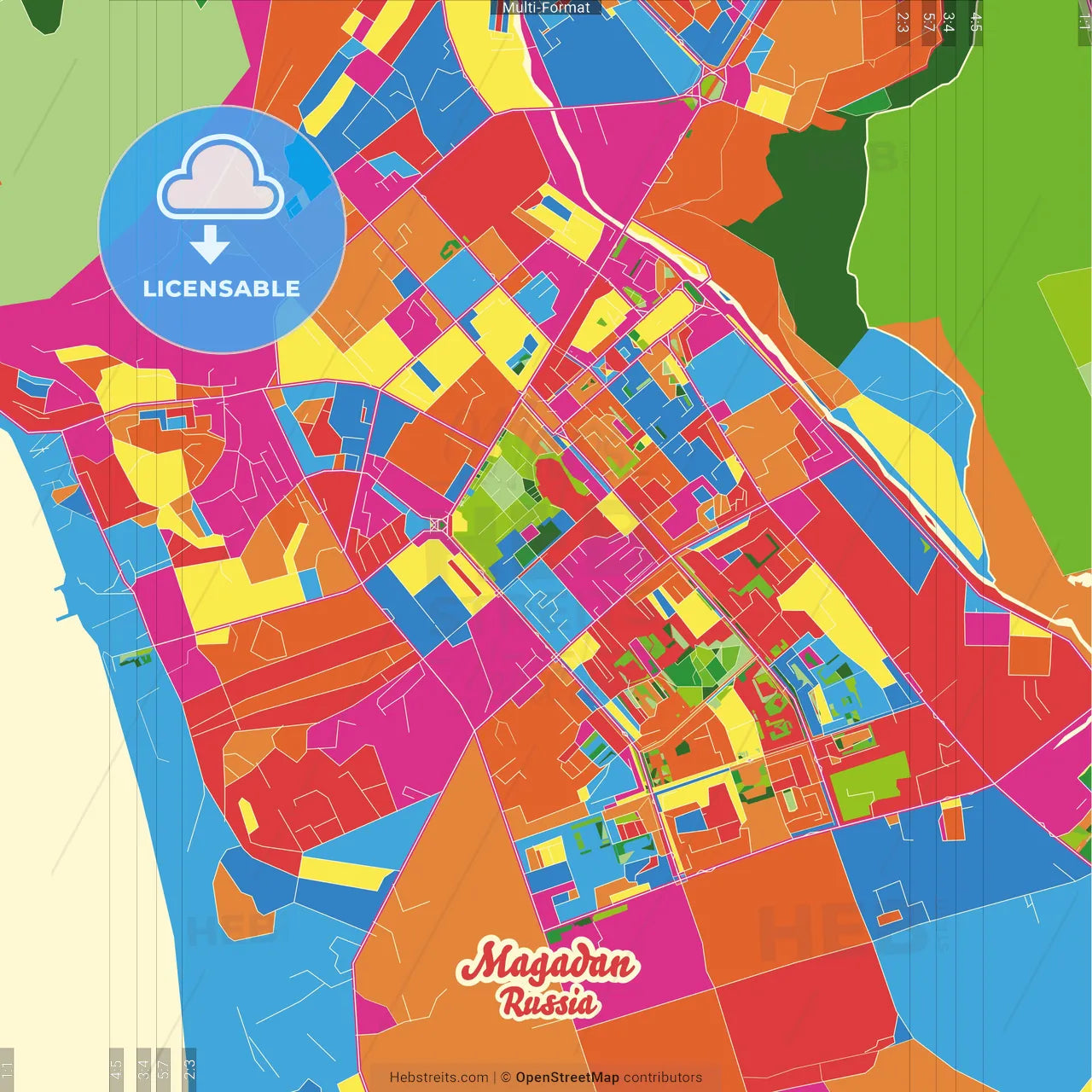 Magadan, Magadan Oblast, Russia Crazy Colorful Street Map Poster Template