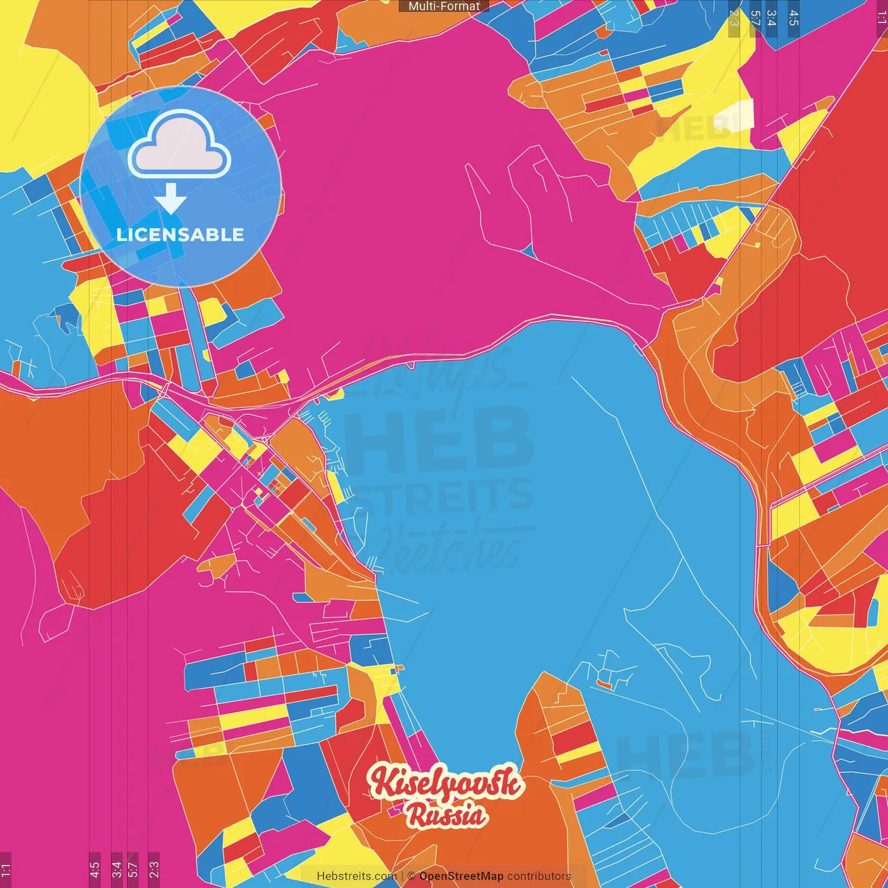 Kiselyovsk, Kemerovo Oblast, Russia Crazy Colorful Street Map Poster Template
